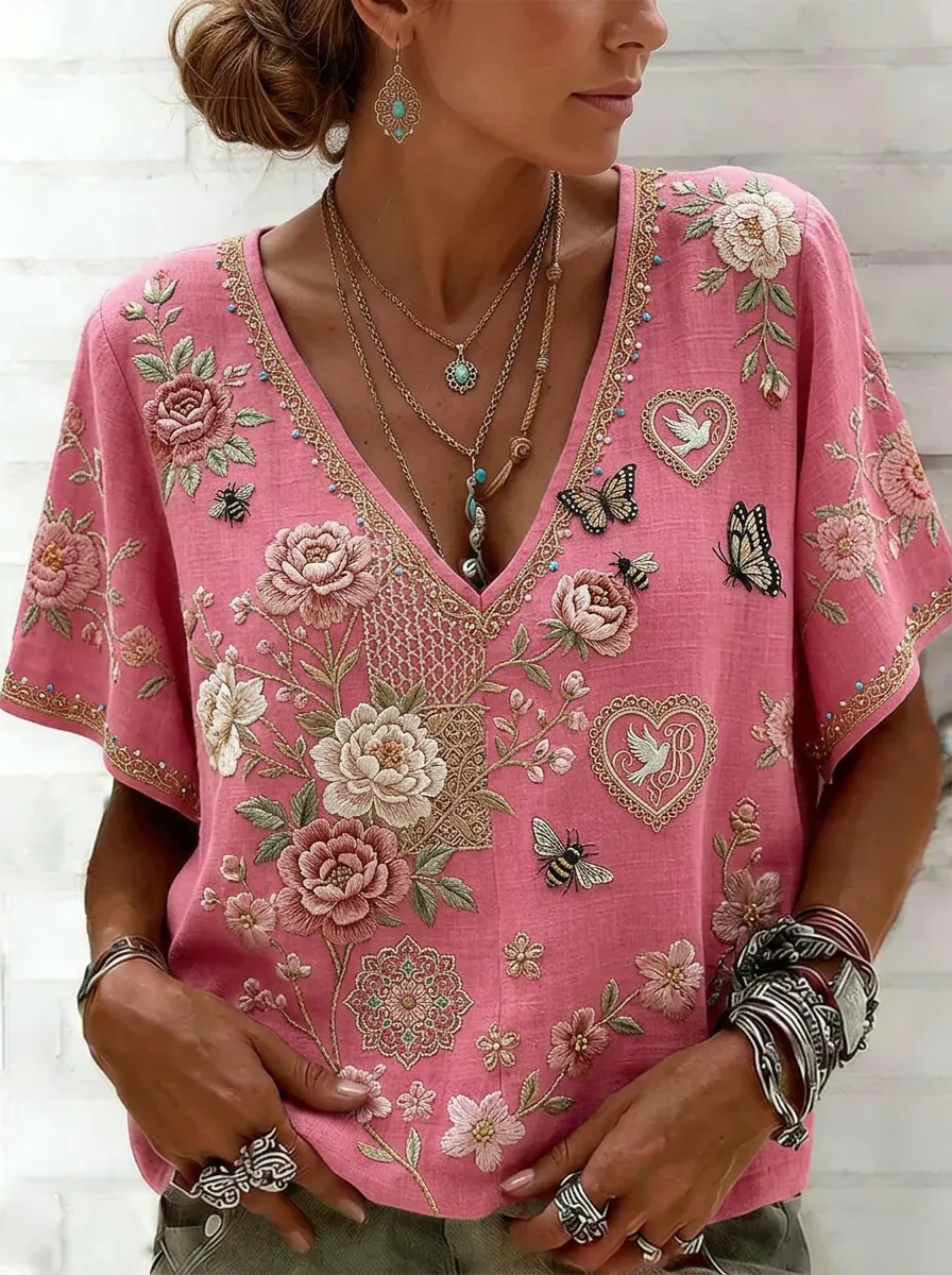 Women's Nashville Floral Butterfly Heart Printed V-neck Top