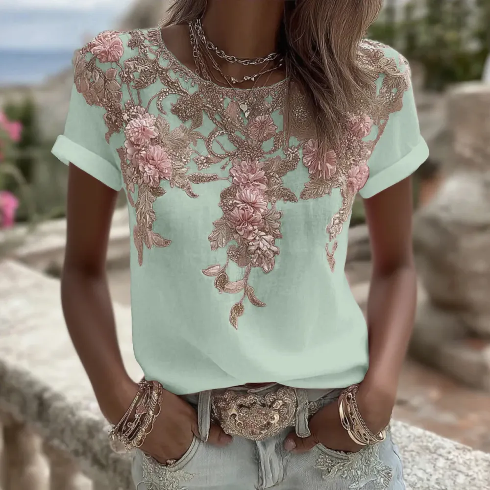 Women's Vintage Pink Rose Embroidery Art Round Neck Short Sleeve Linen Blend T-shirt