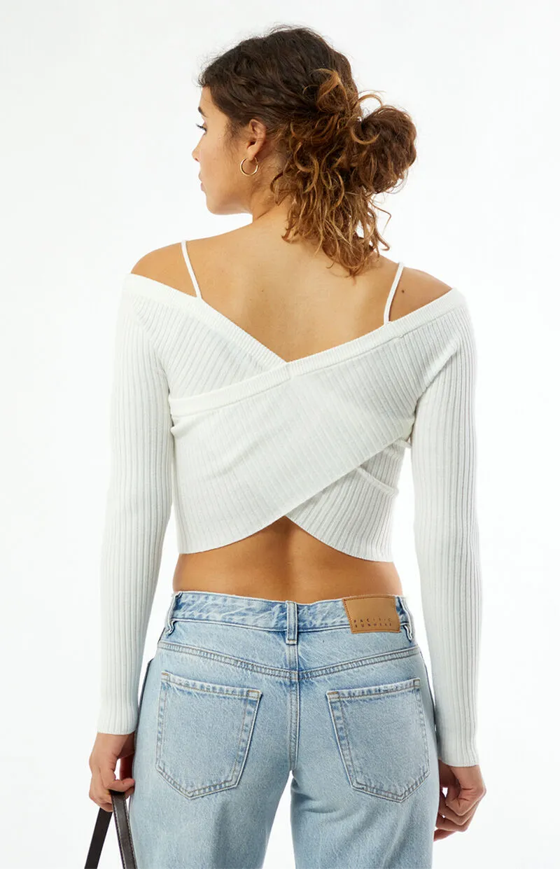 LA Hearts Off-The-Shoulder Wrap Long Sleeve Sweater