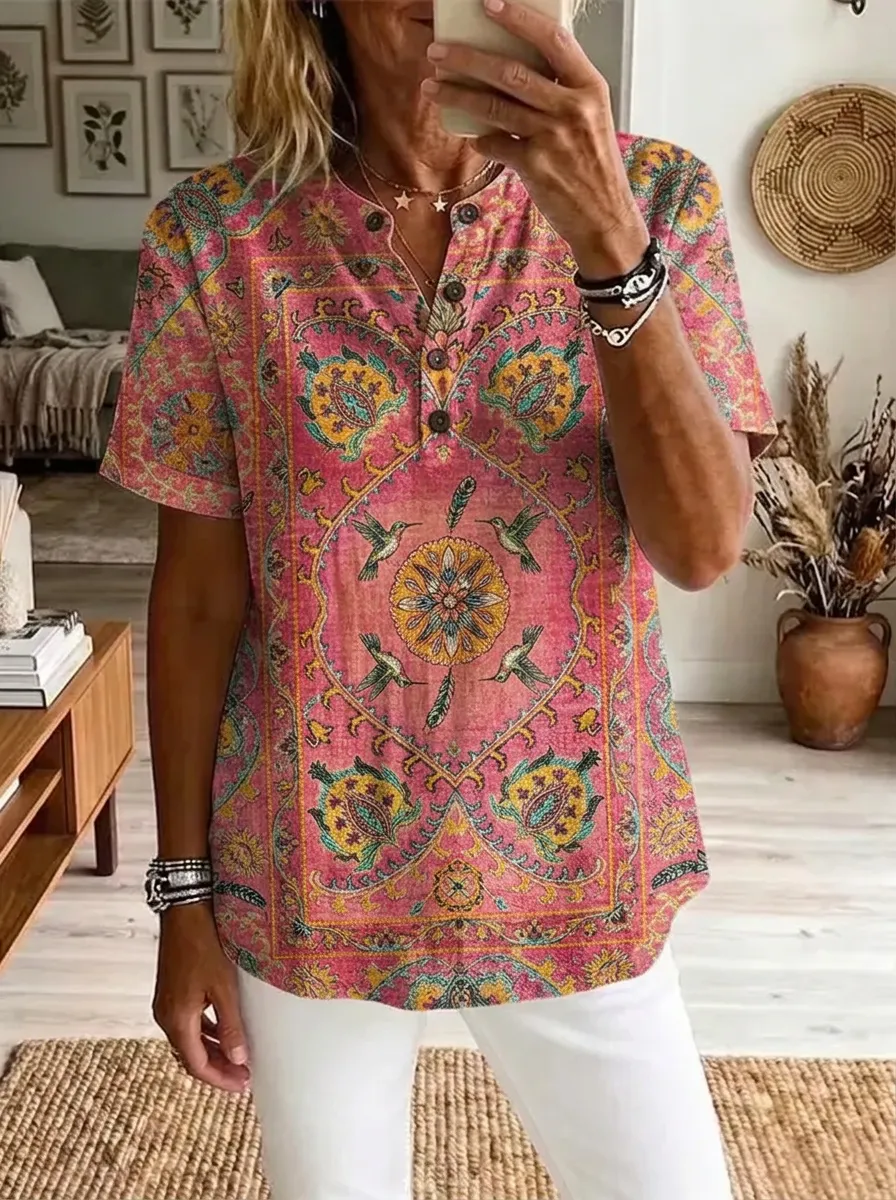 Women's Nashville Boho Hummingbird Floral Printed Henley Shirt