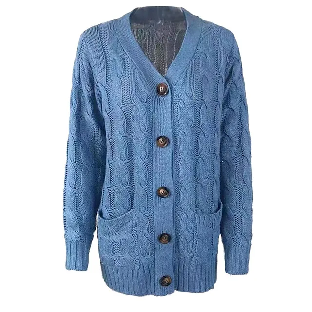 Women's Cardigan Pocket Knitted Button Solid Color Casual Chunky Long Sleeves