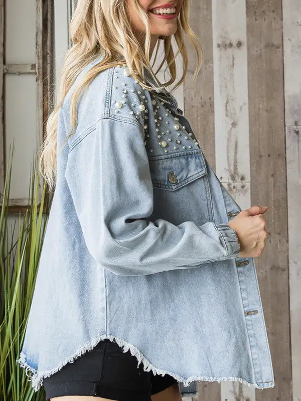 Ripped Tassel Pearl Denim Jacket
