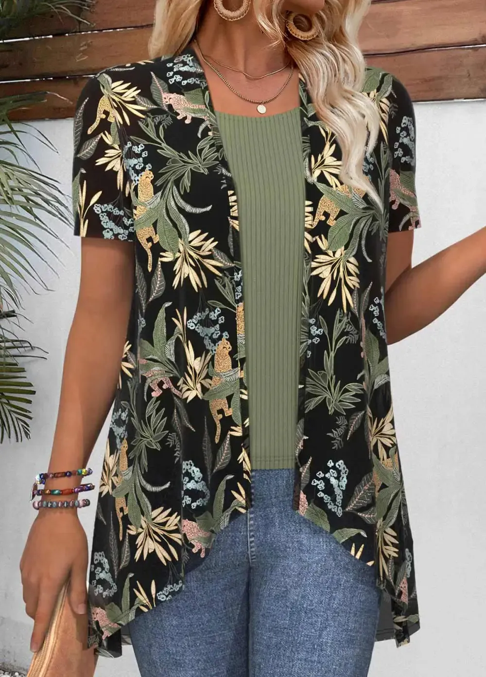 Green Leaf Print Short Sleeve Light Cardigan