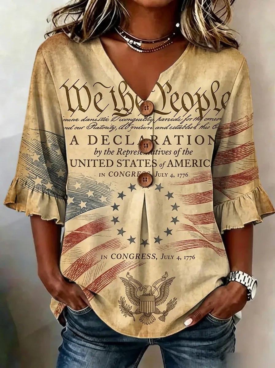 Women's Nashville Patriotic Declaration Printed V-neck Button Top