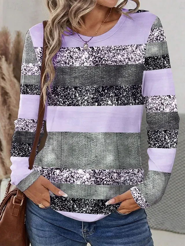 Women's T Shirt Casual Print Long Sleeve Regular Tops Crew Neck Daily Pink Blue Purple Spring Fall