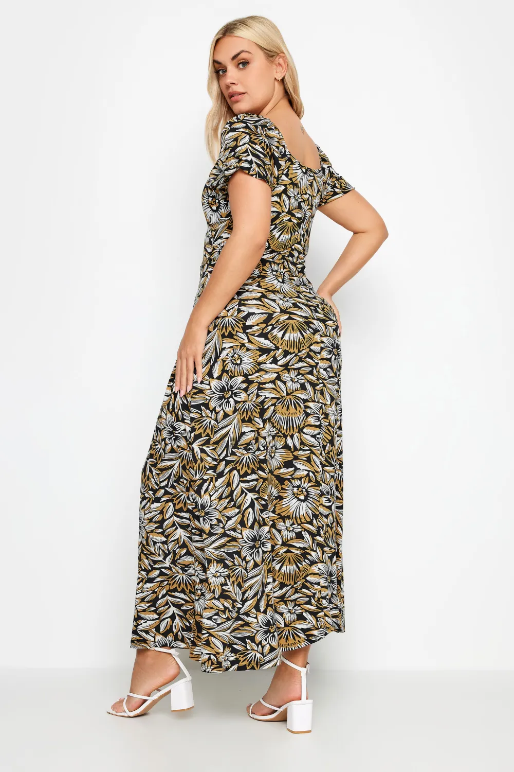 YOURS Curve Black Leaf Print Tiered Maxi Dress