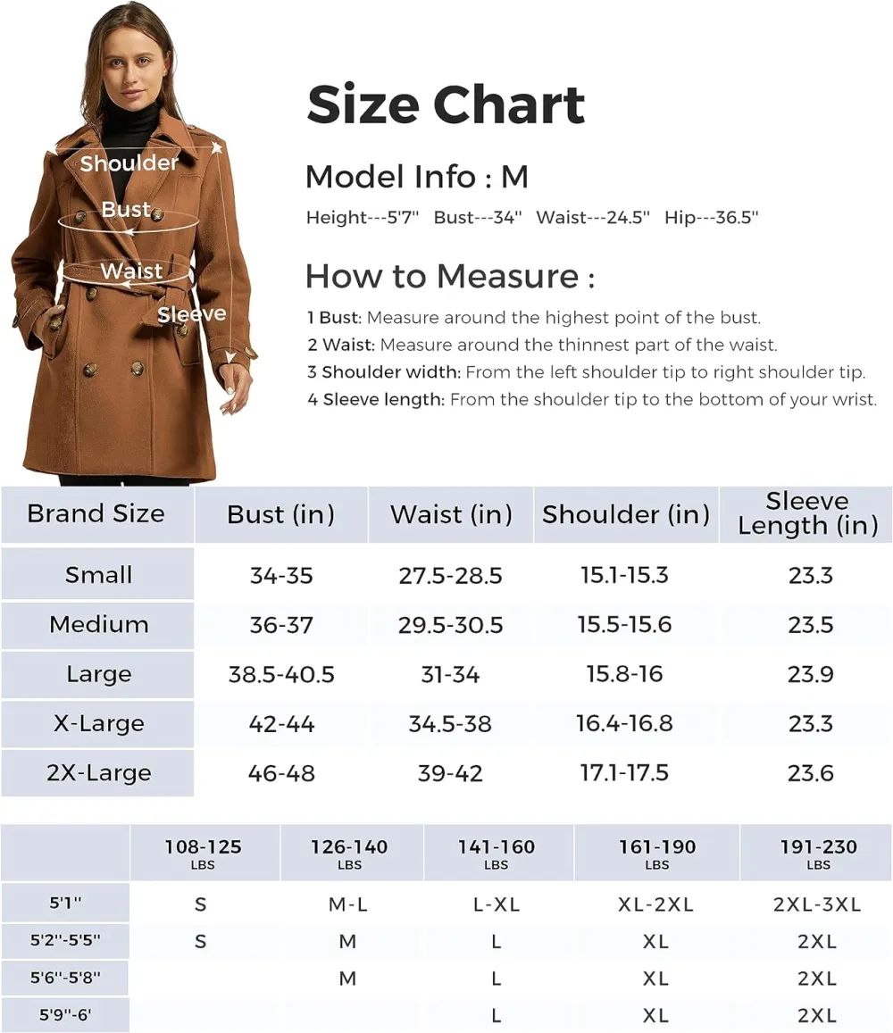 Women's Double Breasted Pea Coat Winter Mid-Long Trench Coat with Belt