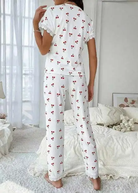 White Fruit Printing Short Sleeve Lounge Top and Pants
