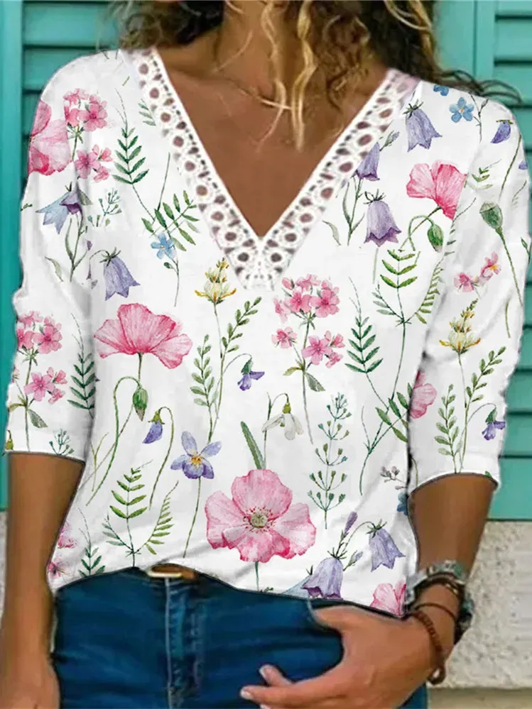 Women V-neck Long Sleeve Floral Printed Lace Tops