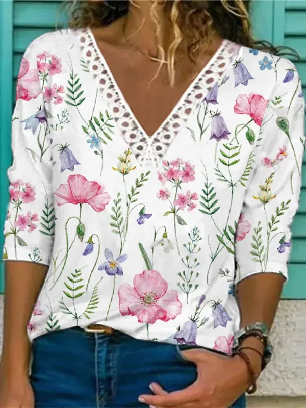Women V-neck Long Sleeve Floral Printed Lace Tops