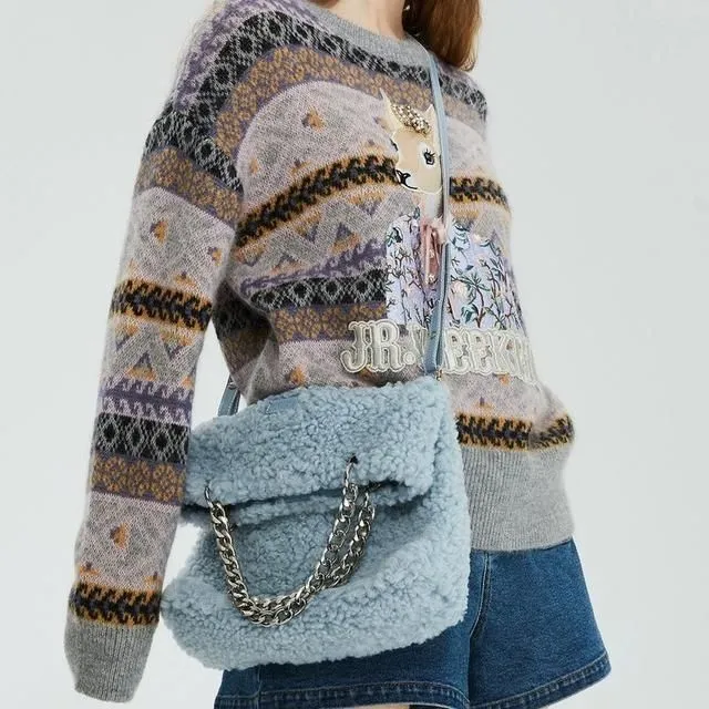 Loose Geometric Deer Bow Knit Sweater