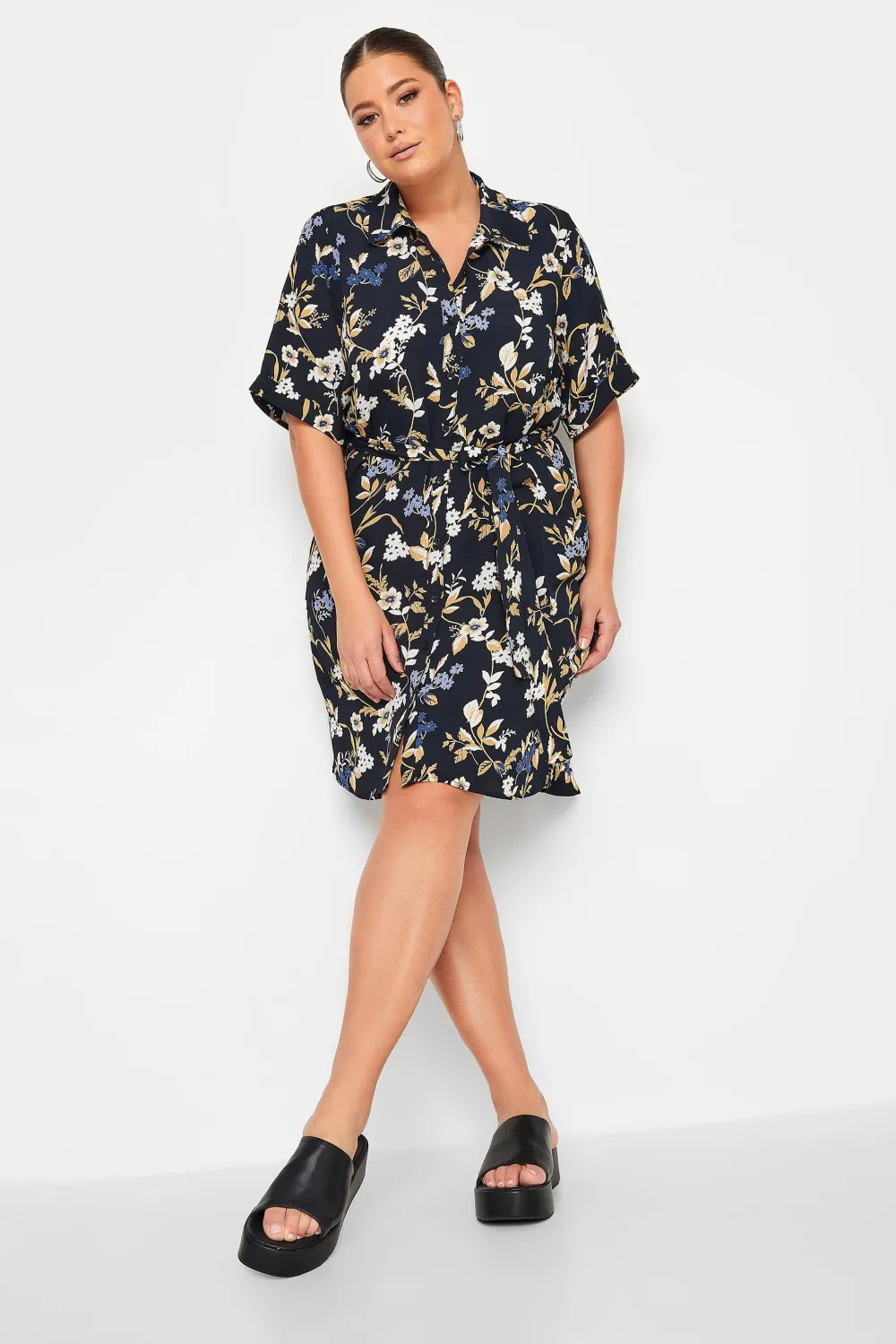 YOURS Curve Black Floral Shirt Dress