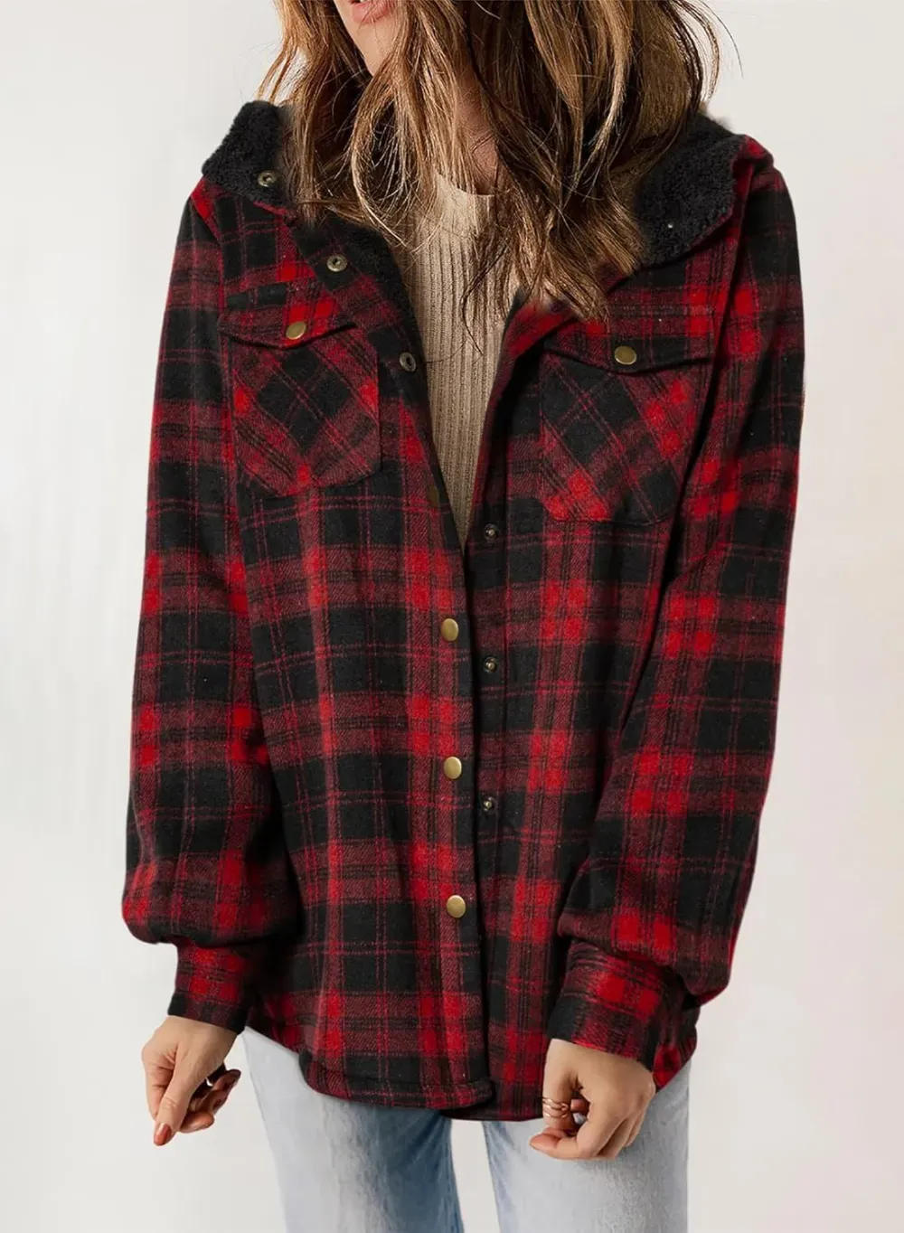 Womens Plaid Shacket Jacket Long Sleeve Button Down Fleece Hooded Jackets Warm Coat