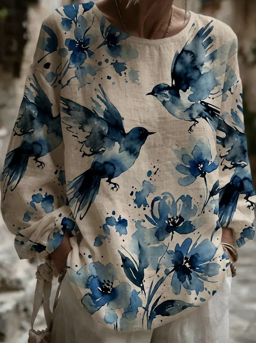 Women's Nashville Nature Lover Blue Bird Floral Printed Top
