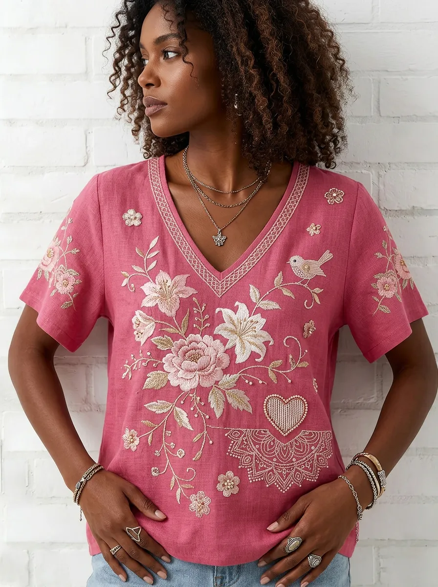 Women's Nashville Floral Bird Heart Embroidered V-neck Top