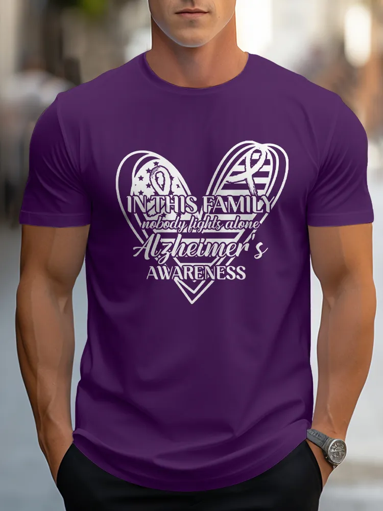 Men'S Round-Neck Short-Sleeved T-Shirt In This Family Nobody Fights Alone Alzheimer'S Awareness Prints