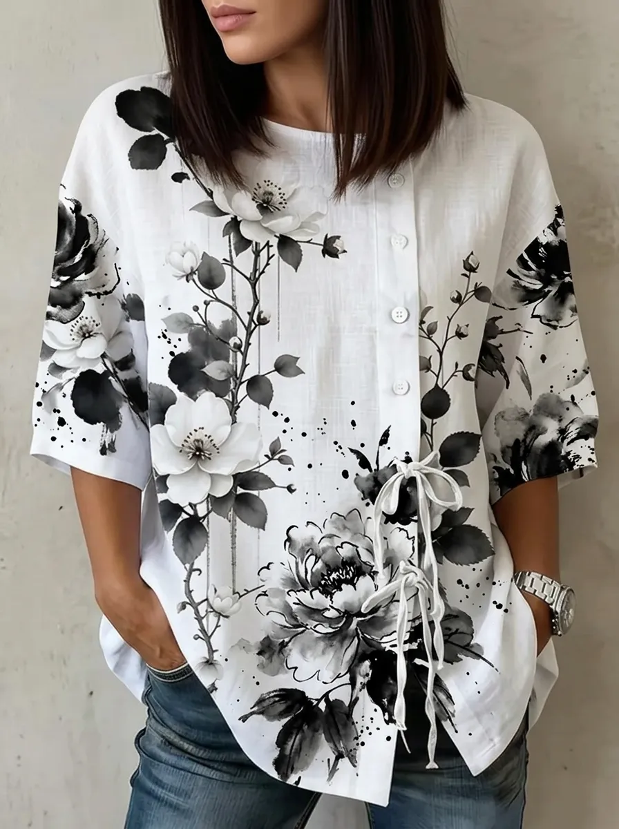 Women's Nashville Floral Ink Wash Printed Button-Up Shirt