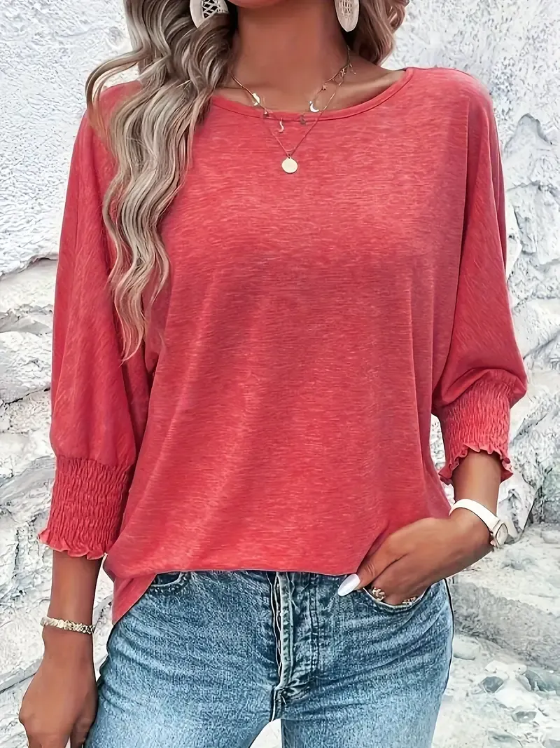 Elegant Women's Lavender Mid-Sleeve T-Shirt - Casual Crew Neck, Soft Polyester Blend with Subtle Cuff Detail, Machine Washable - Ideal for Spring/Summer/Fall
