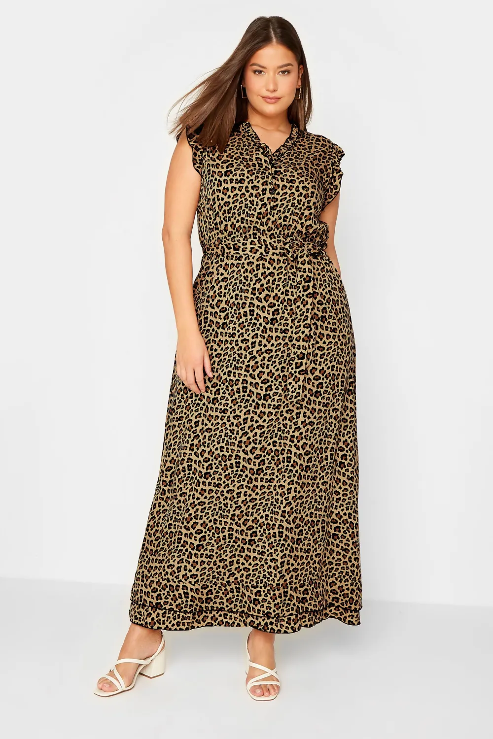 LTS Tall Brown Leopard Print Frill Sleeve Maxi Dress