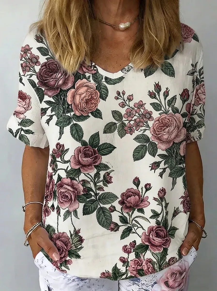 Women's Nashville Floral Lover Rose Printed V-neck Top