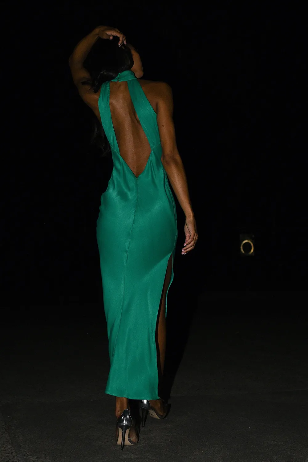 Satin Drape Back Maxi Dress with Split - Black