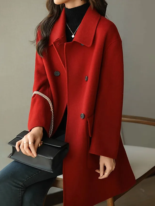 Women's Coat Fall Winter Long Pea Coat Windproof Wool Blend Coat with Pockets Maillard Warm Modern Style Casual Trendy Jacket Long Sleeve Plain Black Red Camel