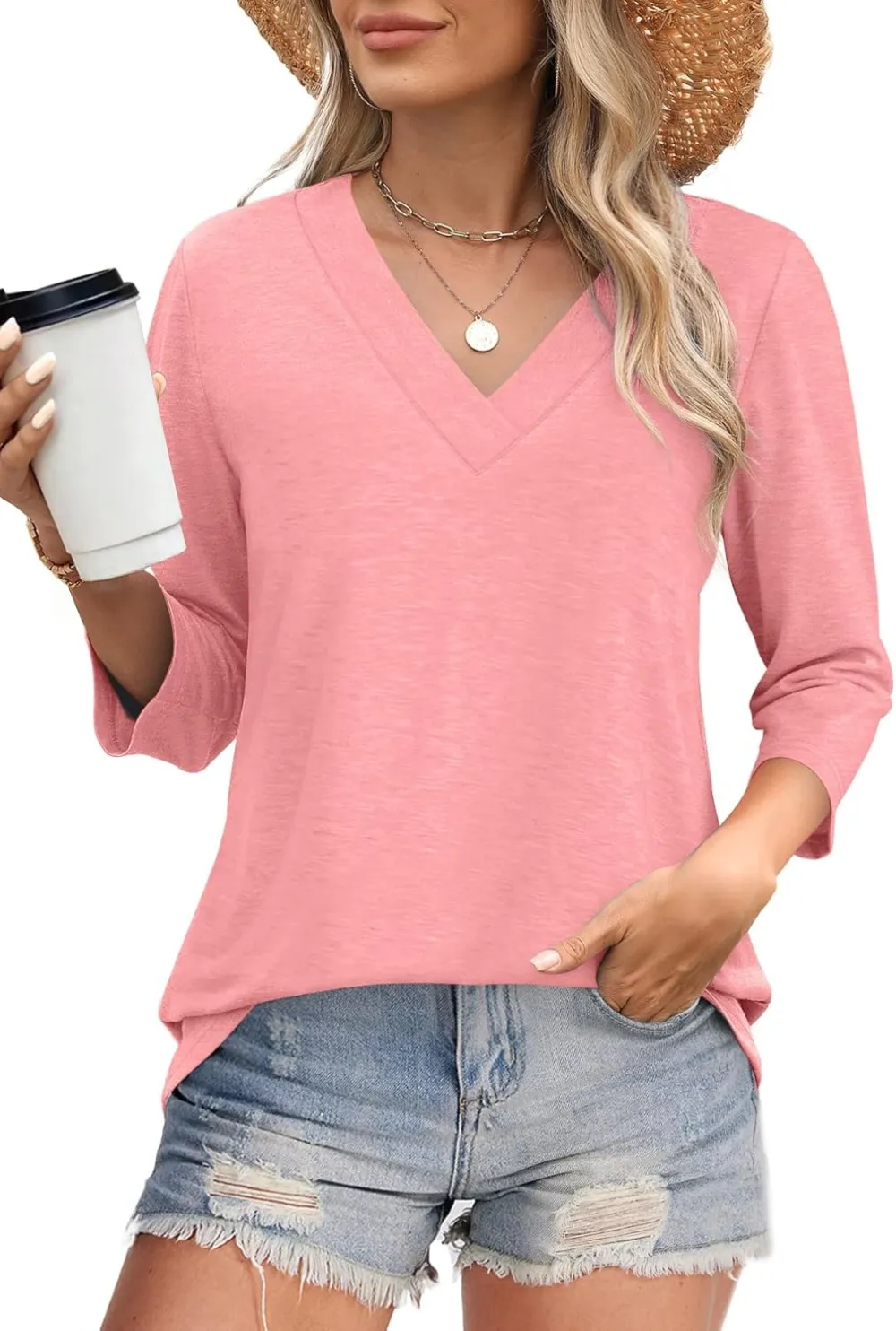 ⏰Hot Sale-Women's V Neck 3/4 Long Sleeve Tops Loose Fit Blouse