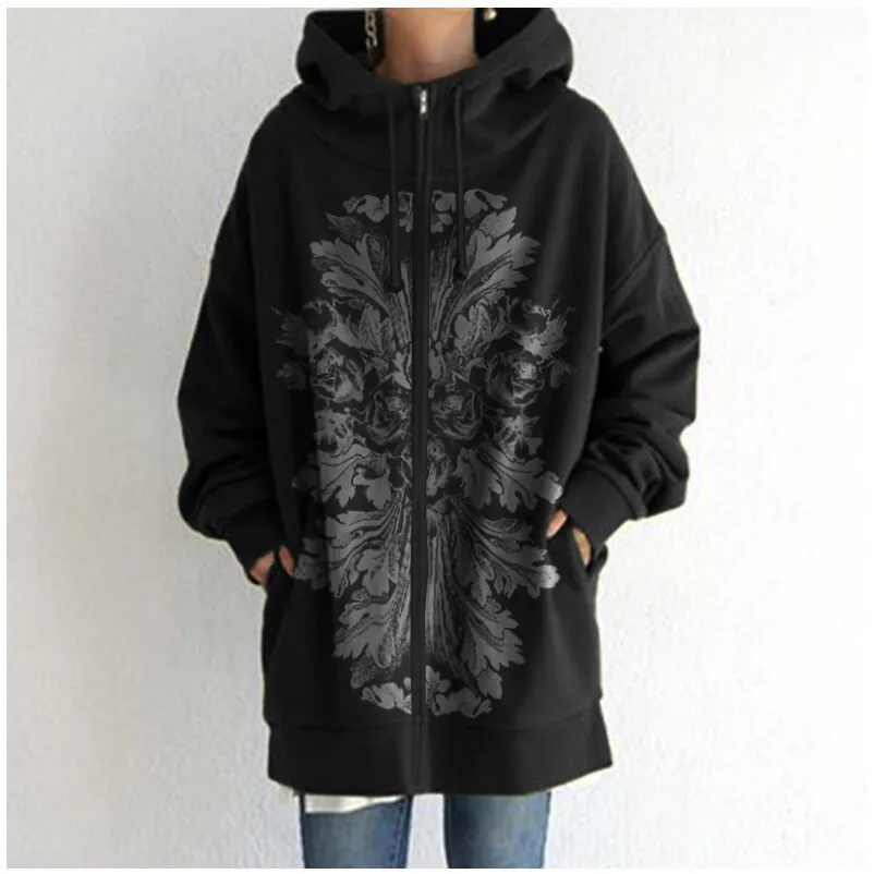 Women's Tie-Dye Floral Tattoo Zipper Cardigan Hoodie