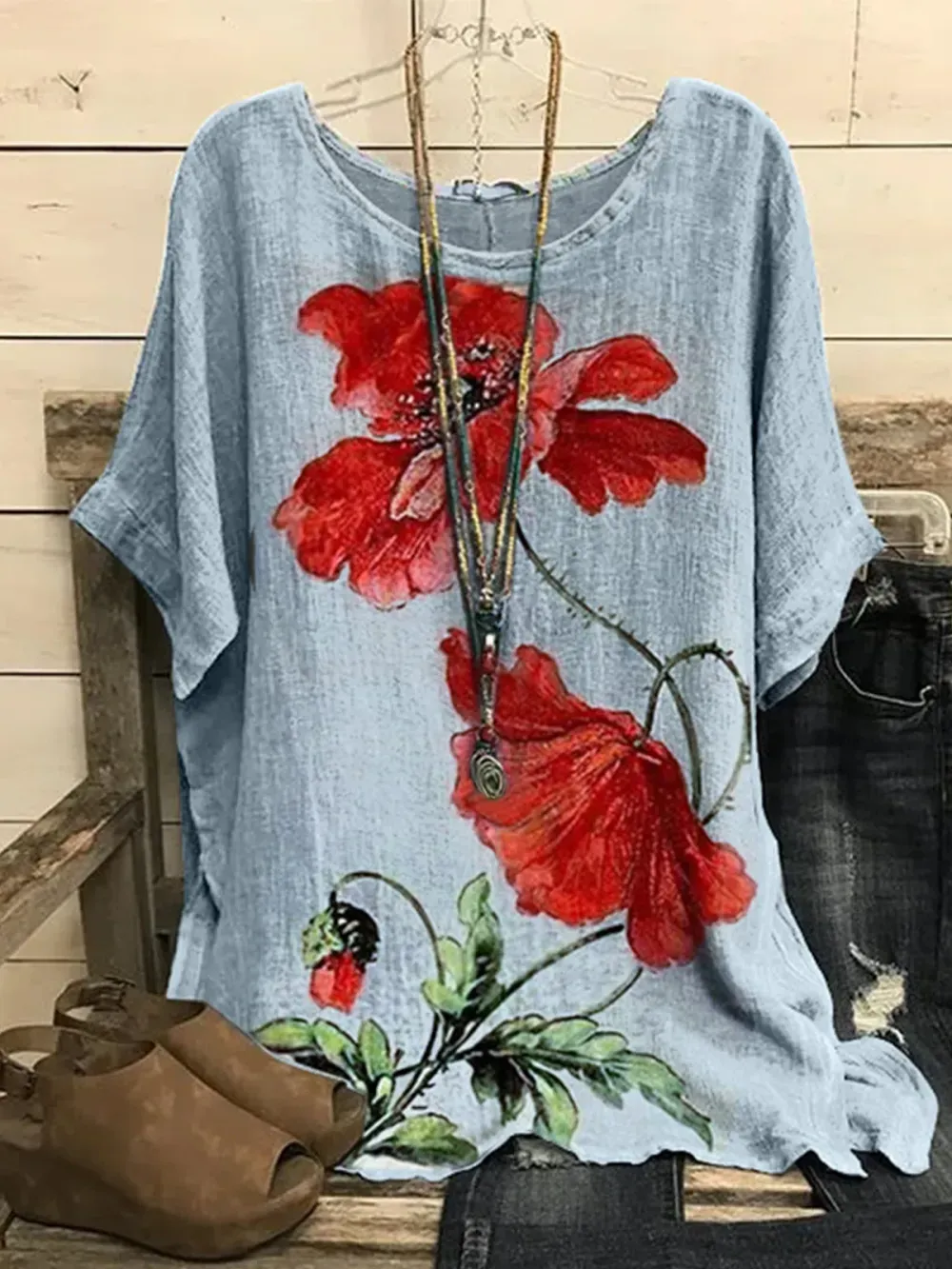 (Clearance Sale⚡)Crew Neck Floral Casual Red Flower Batwing Sleeve Slit Tops