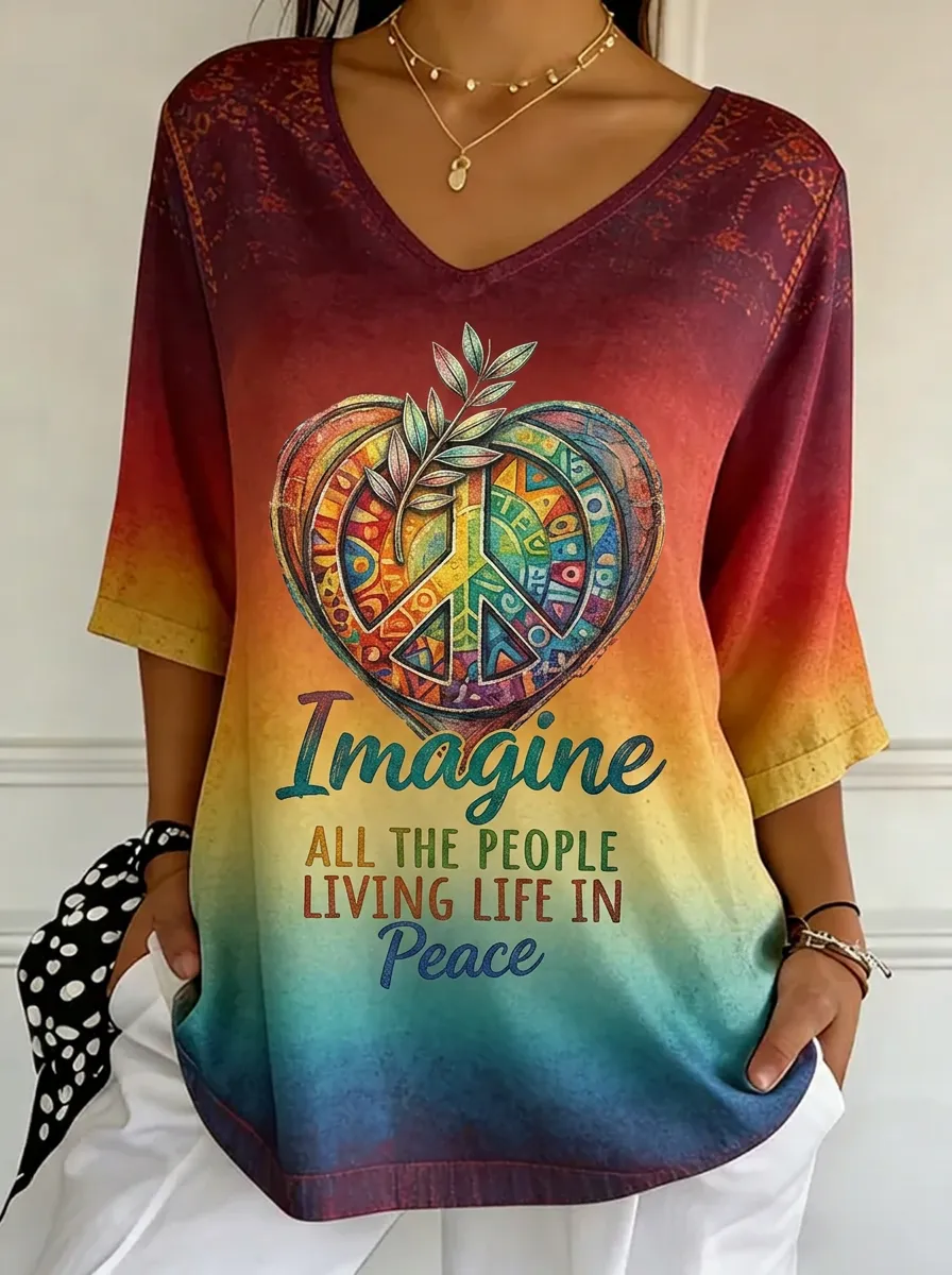 Women's Nashville Peace Heart Imagine Printed V-neck top