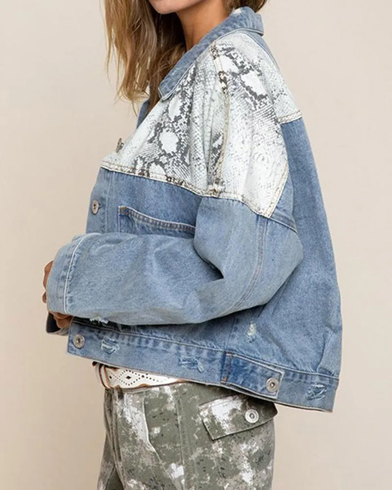 Denim Leopard  Patchwork Short Jacket