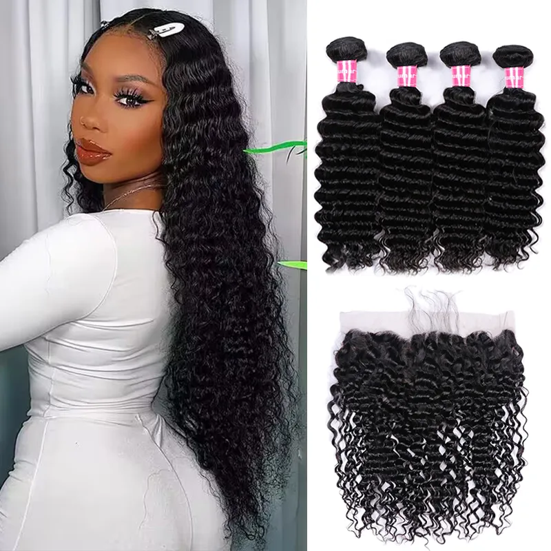 Sterly Hair 3 Bundles Deep Wave Bundles With 13×4 Lace Frontal