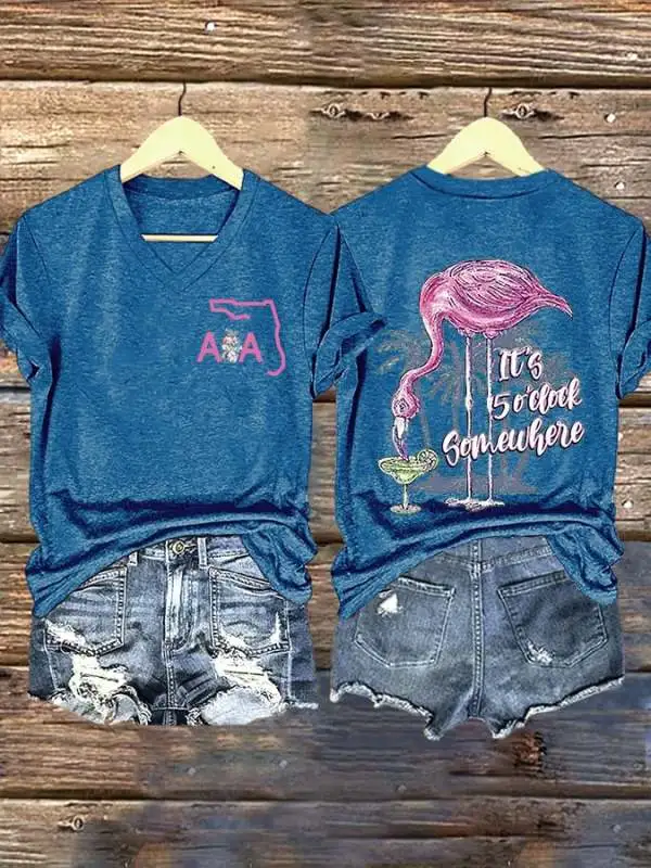 V Neck Retro Florida Road Flamingo Beach Go All The Way Wrinkles Only Go Where Smiles Have Been Print T-Shirt