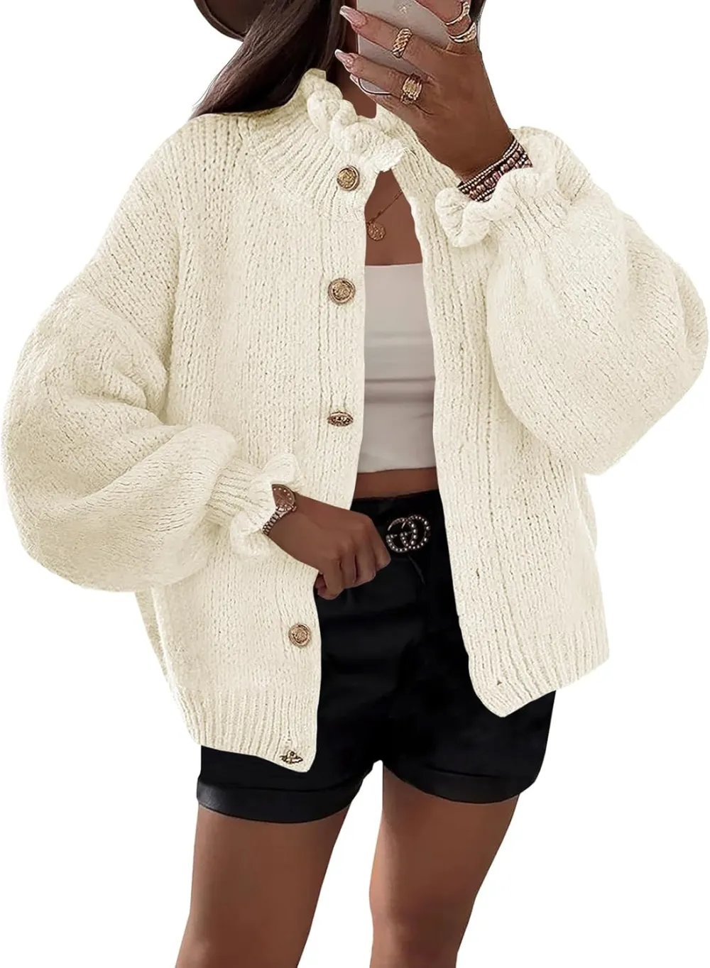 🎄Hot Sale Ruffle Cardigan Oversized Button Up Ribbed Knit Open Front Long Sleeve Loose Sweater