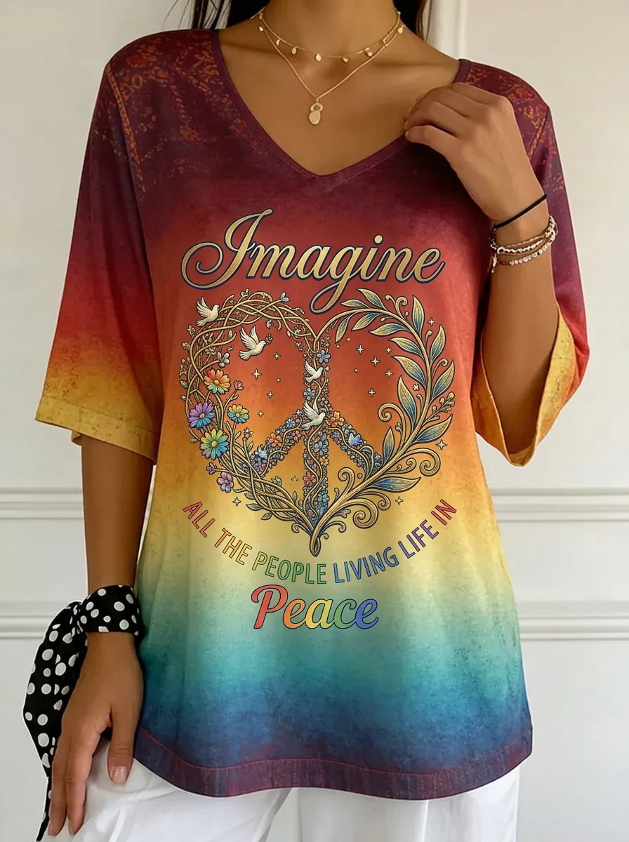 Women's Nashville Peace Heart Floral Dove Printed V-neck T-shirt