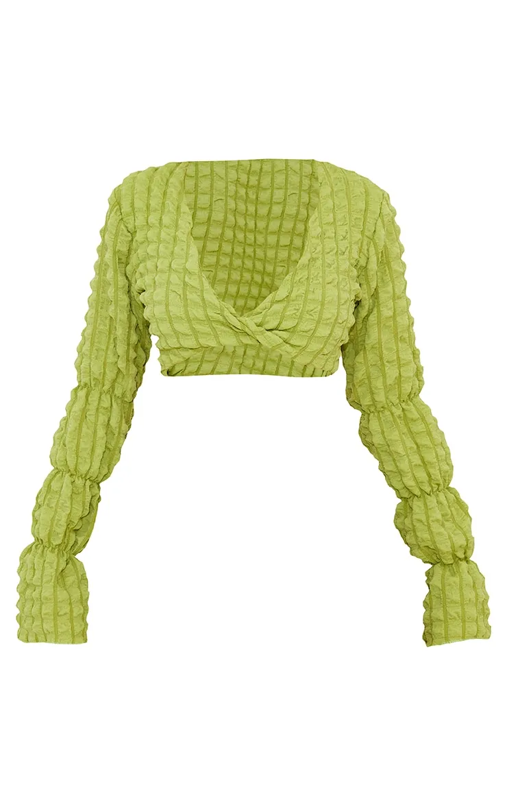 Olive Bubble Textured Long Sleeve Beach Top