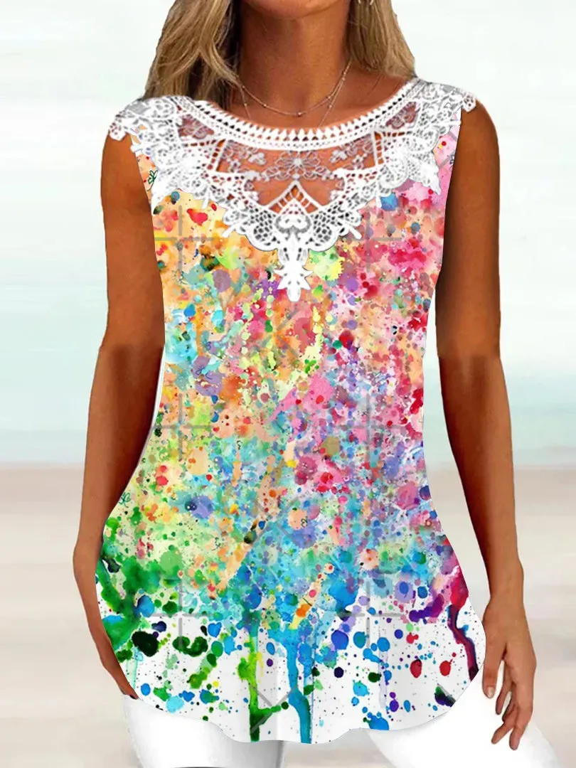 Women Sleeveless Scoop Neck Tie Dye Printed Lace Top