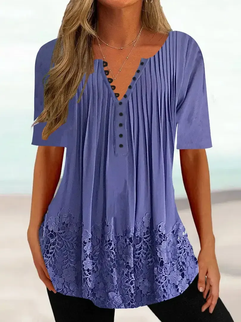 Women Half Sleeve V-neck Solid Floral Lace Tops