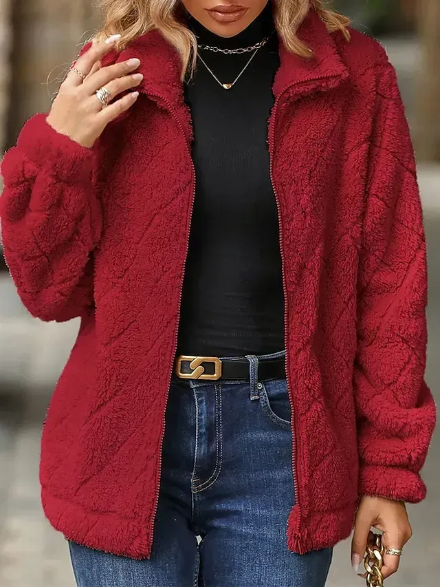 Women's Fleece Jacket Sherpa Jacket Teddy Coat Windproof Warm Outdoor Street Daily Wear Vacation Zipper Pocket Zipper Turndown Plush Modern Casual Street Style Plain Regular Fit Outerwear Long Sleeve