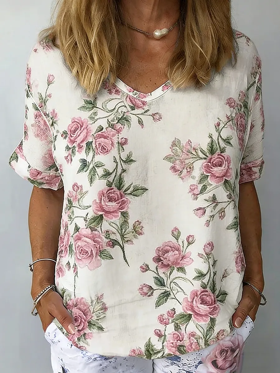 Women's Vintage Rose Vine Print V-Neck Top