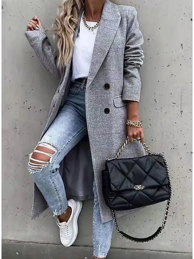 Women's Coat Comtemporary Contemporary Simple Button Formal Office / Career Street Daily Polyester Long Coat Winter Fall Gray Double Breasted Turndown Regular Fit 3XL