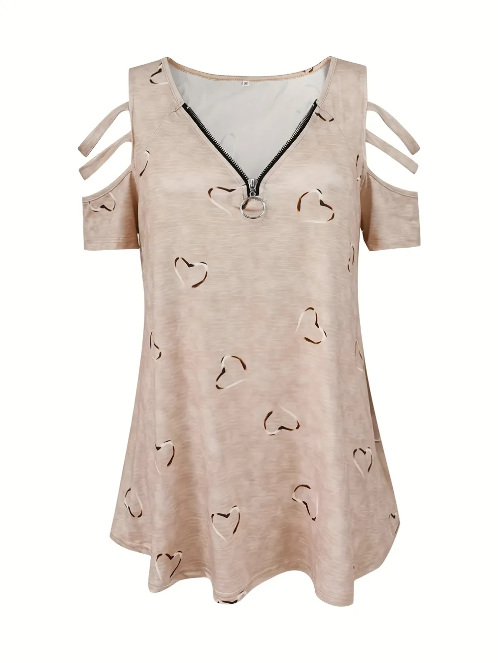 Plus Size Heart Print Zipper Short Sleeve Top, Women's Plus Slight Stretch V Neck Casual T-shirt