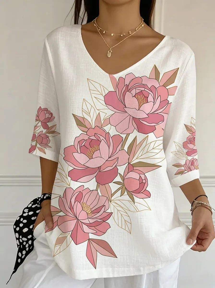 Women's Nashville Floral Peony Printed V-neck Top