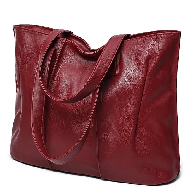 Women's Tote Shoulder Bag Top Handle Bag Shopper Bag PU Leather Shopping Daily Large Capacity Solid Color Black Red Wine Grey