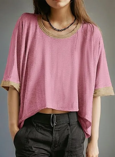 Summer Shirts 2025 Womens Solid T Shirts for Women Loose Oversized Tops Basic Tee