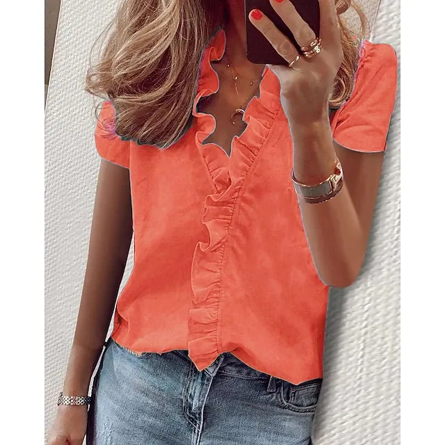 Women‘s Blouse T shirt Basic Lettuce Trim Plain Daily V Neck T-shirt Sleeve Regular Spring &  Fall Light Khaki. Green Blue White Pink