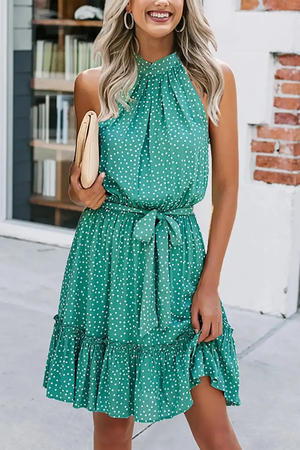 Halter Neck Summer Loose Sleeveless  Ruffle Belt Boho Floral Dress