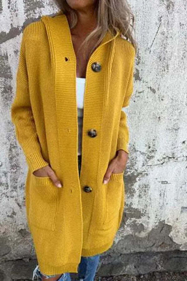 Women's Solid Color Knitted Sweater Hooded Long Coat