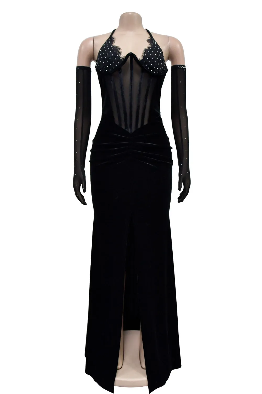 Rhinestone Decor Halter Corset Slit Fishtail Hem Gowns Maxi Dresses-Black