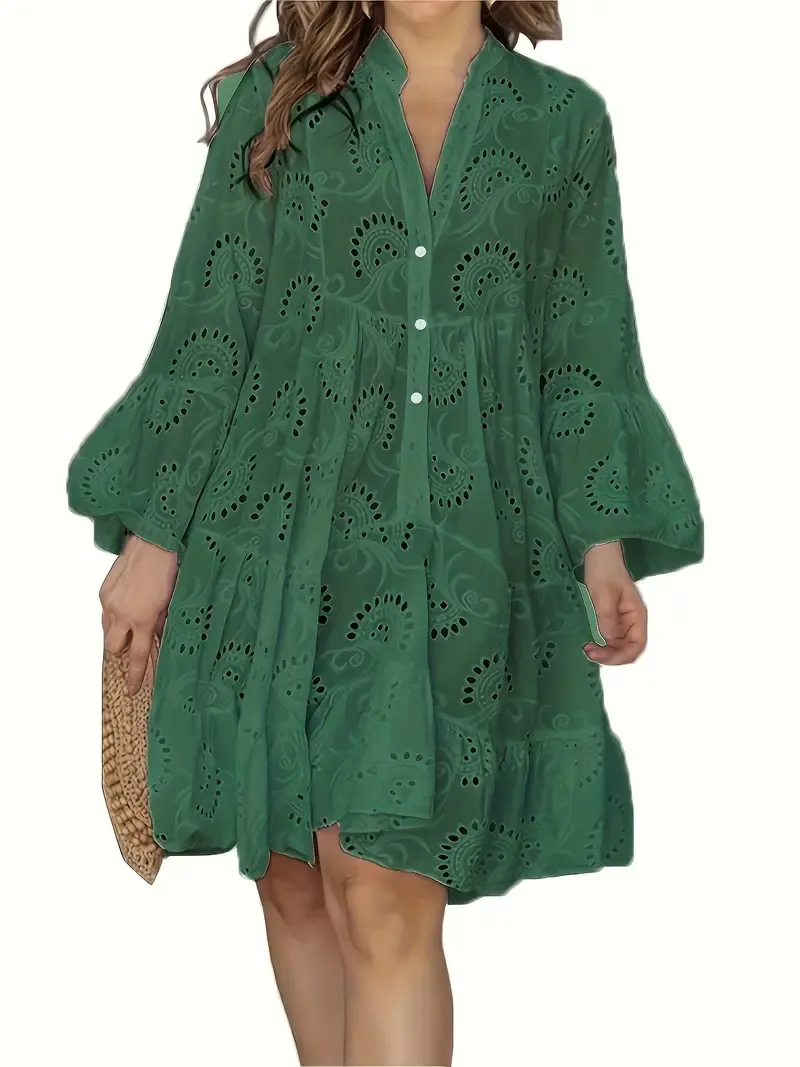 Elegant Green V-Neck Shift Dress with Embroidered Bell Sleeves